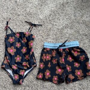 Floral Kids Swim Set Matching Girl One Piece & Boys Swim Trunks
